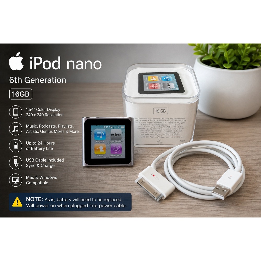 Apple iPod Nano 6th Gen 16GB Graphite‎ A1366 w/ Case & Cable Needs Battery